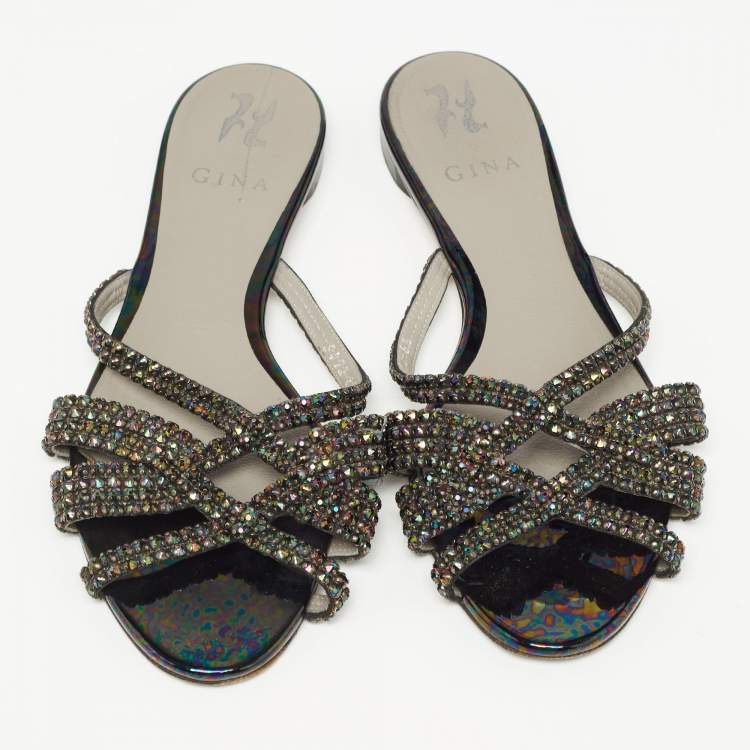 Pre Owned Gina Black Crystal Embellished Leather Strappy Flat Slides Size 39.5 