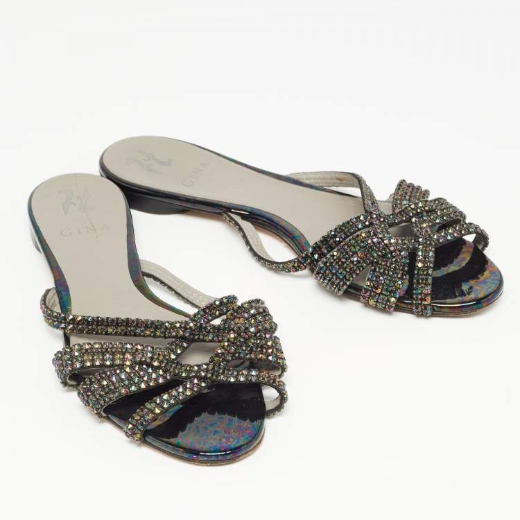 Pre Owned Gina Black Crystal Embellished Leather Strappy Flat Slides Size 39.5 
