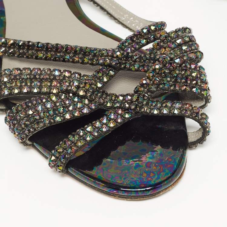 Pre Owned Gina Black Crystal Embellished Leather Strappy Flat Slides Size 39.5 