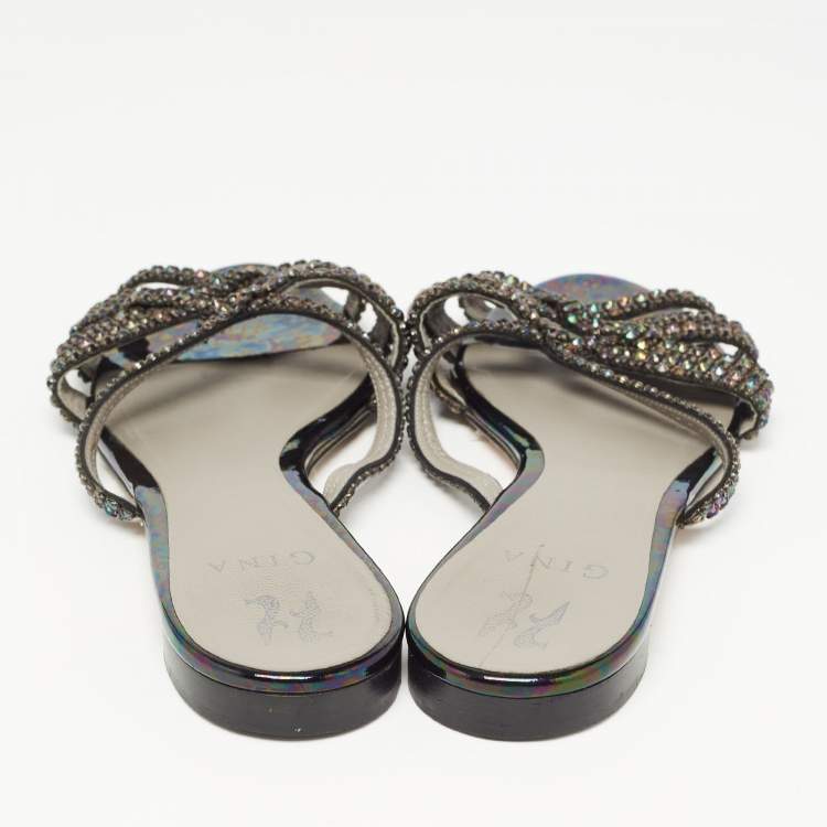 Pre Owned Gina Black Crystal Embellished Leather Strappy Flat Slides Size 39.5 