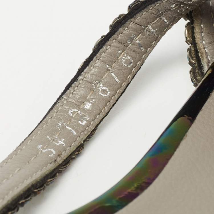 Pre Owned Gina Black Crystal Embellished Leather Strappy Flat Slides Size 39.5 