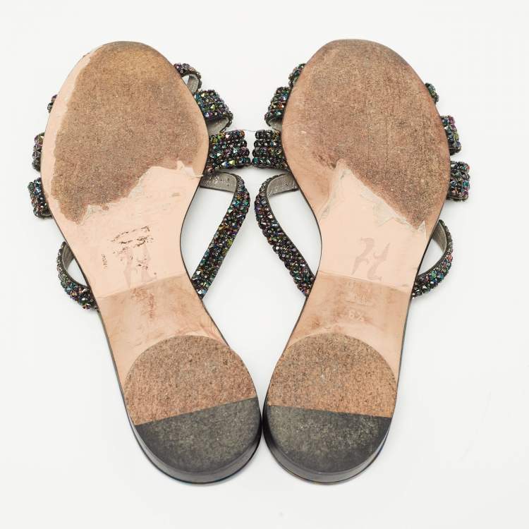 Pre Owned Gina Black Crystal Embellished Leather Strappy Flat Slides Size 39.5 