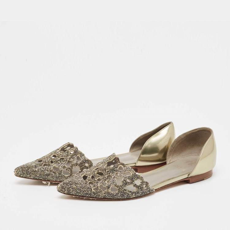 مملوكة مسبقًا Gina Metallic Leather Crystal Embellished Laser Cut D'orsay Flats Size 39.5