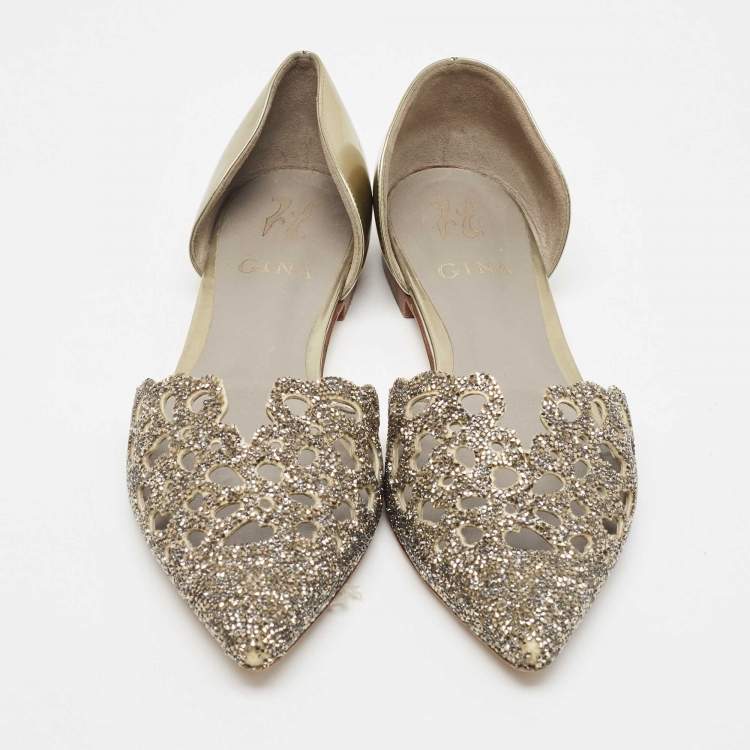 مملوكة مسبقًا Gina Metallic Leather Crystal Embellished Laser Cut D'orsay Flats Size 39.5