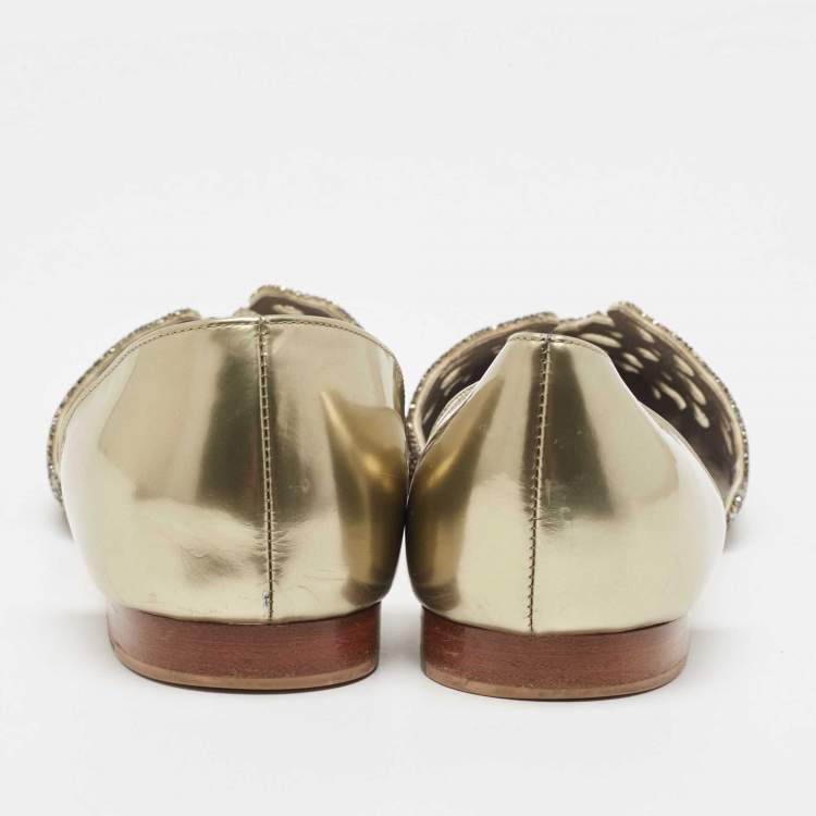 مملوكة مسبقًا Gina Metallic Leather Crystal Embellished Laser Cut D'orsay Flats Size 39.5