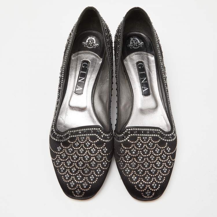 Pre Owned Gina Black Satin Crystal Embellished Ballet Flats Size 41