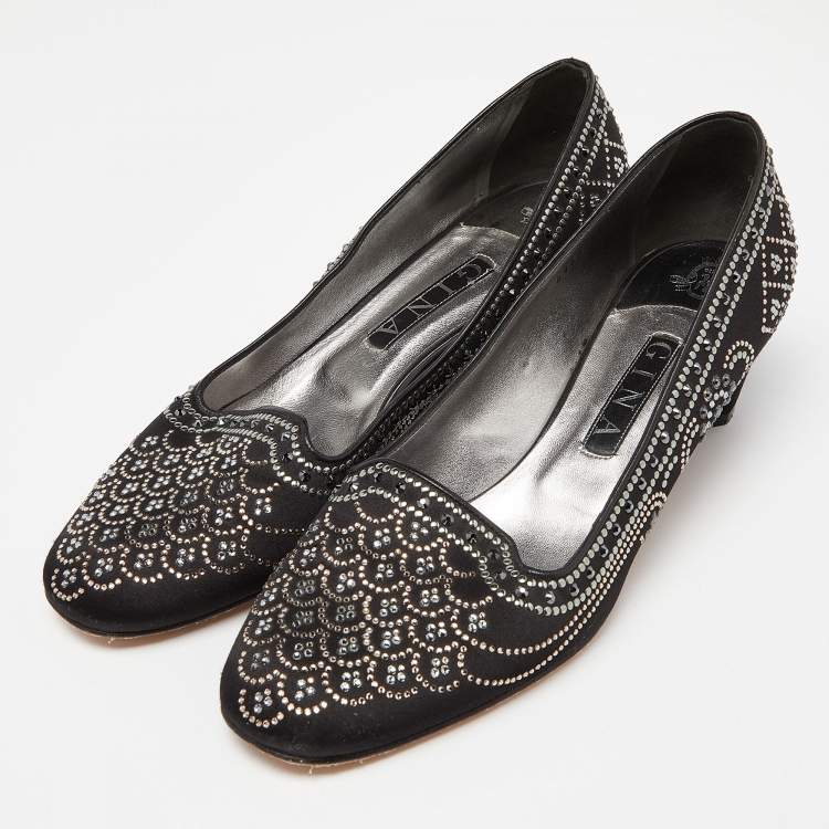 Pre Owned Gina Black Satin Crystal Embellished Ballet Flats Size 41