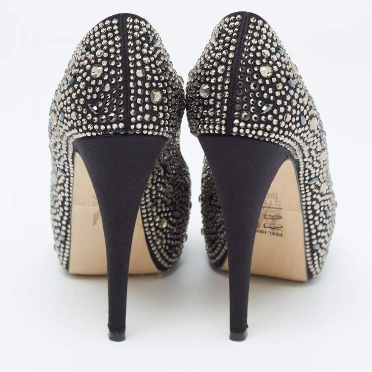 Pre Owned Gina Black Crystal Embellished Satin Platform Peep Toe Pumps Size 37.5