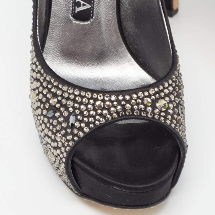 Pre Owned Gina Black Crystal Embellished Satin Platform Peep Toe Pumps Size 37.5
