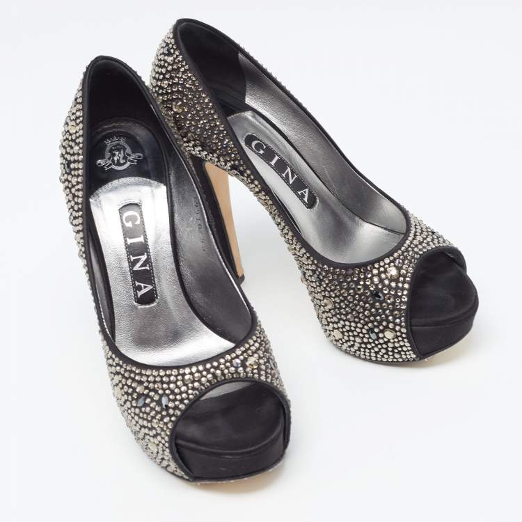 Pre Owned Gina Black Crystal Embellished Satin Platform Peep Toe Pumps Size 37.5
