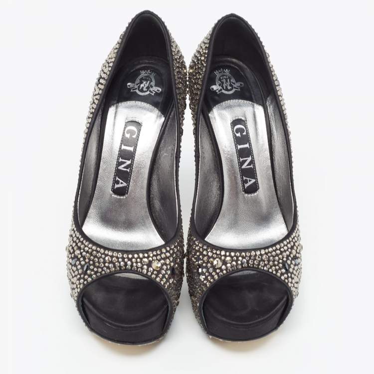 Pre Owned Gina Black Crystal Embellished Satin Platform Peep Toe Pumps Size 37.5