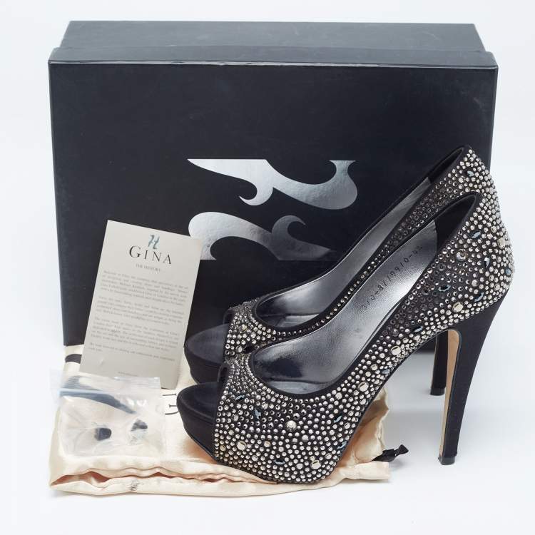 Pre Owned Gina Black Crystal Embellished Satin Platform Peep Toe Pumps Size 37.5