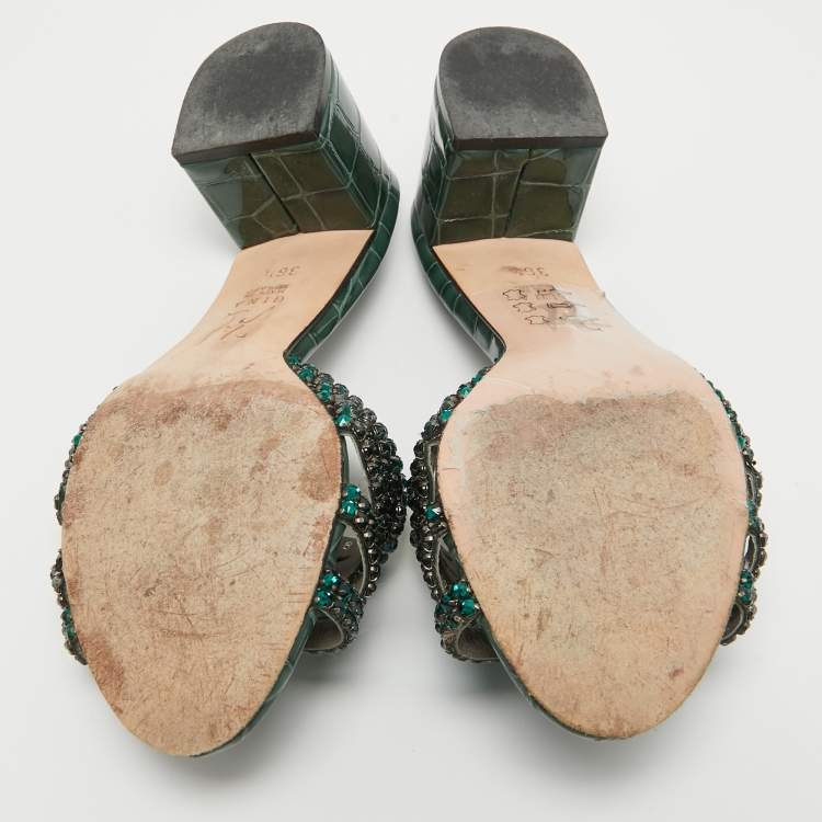 Pre Owned Gina Green Crystal Embellished Leather Slide Sandals Size 36.5