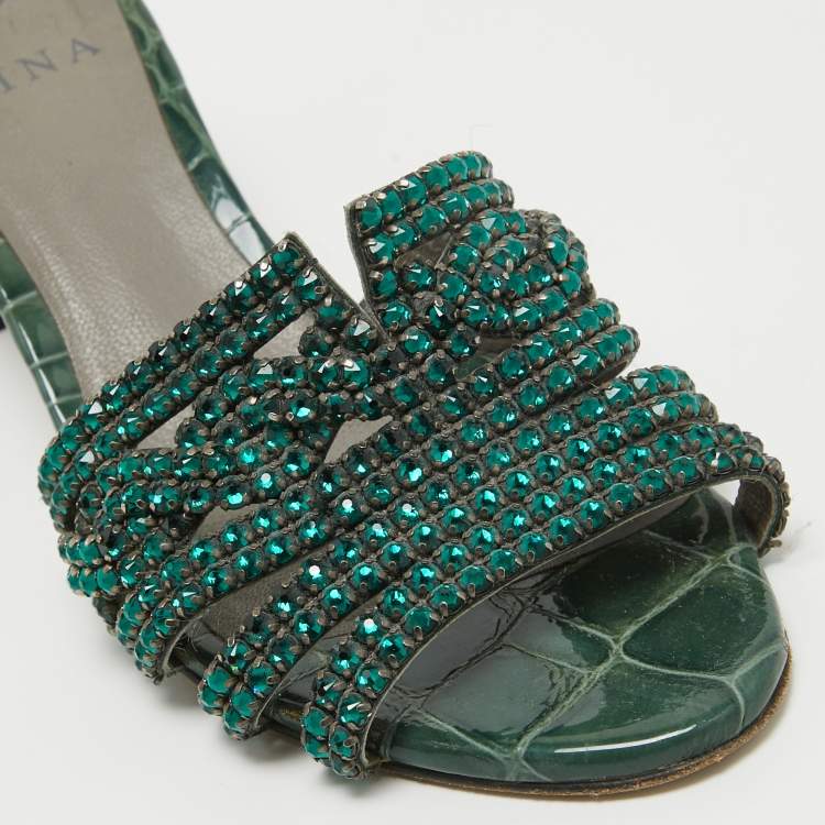 Pre Owned Gina Green Crystal Embellished Leather Slide Sandals Size 36.5