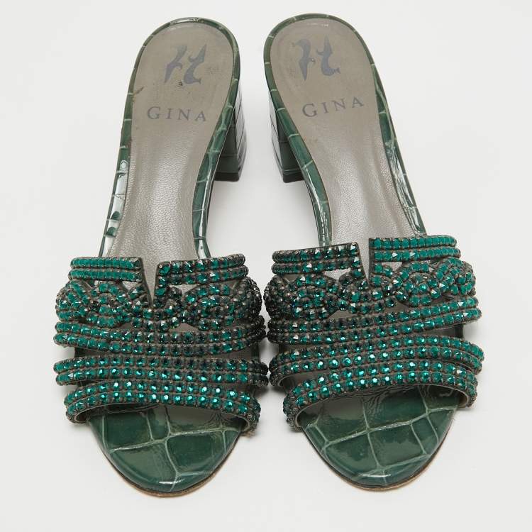 Pre Owned Gina Green Crystal Embellished Leather Slide Sandals Size 36.5