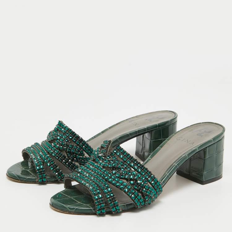 Pre Owned Gina Green Crystal Embellished Leather Slide Sandals Size 36.5