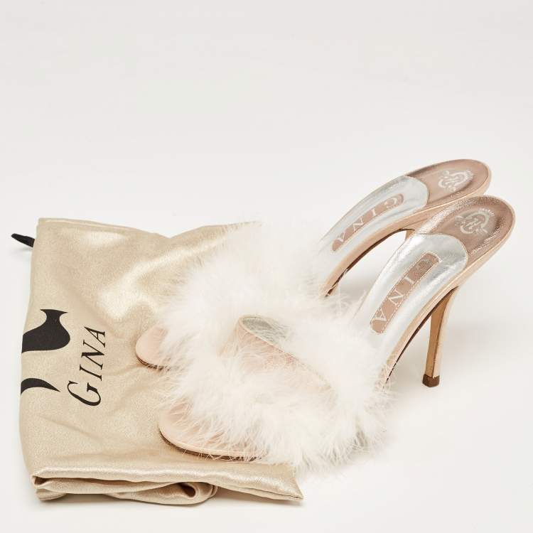 Pre Owned Gina White/Pink Fur and Leather  Slides Size 39.5