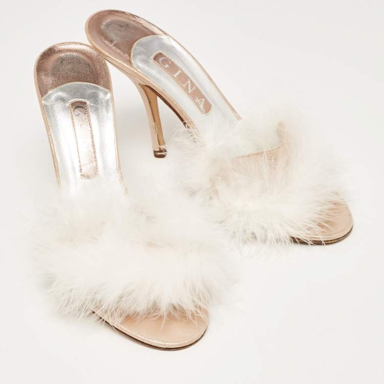 Pre Owned Gina White/Pink Fur and Leather  Slides Size 39.5