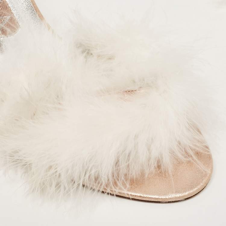 Pre Owned Gina White/Pink Fur and Leather  Slides Size 39.5