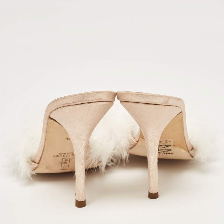 Pre Owned Gina White/Pink Fur and Leather  Slides Size 39.5