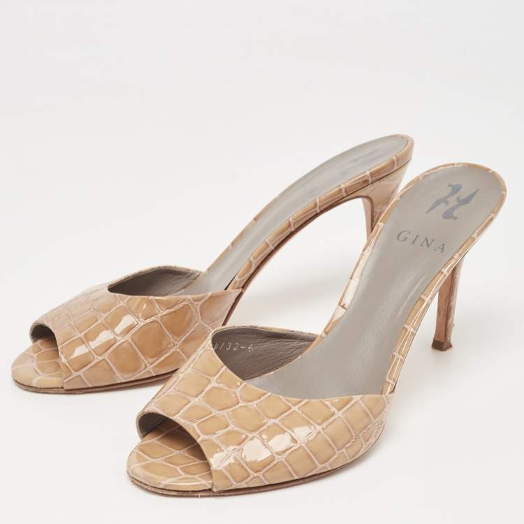 Pre Owned Gina Brown Croc Embossed Patent Leather Slide Sandals Size 39