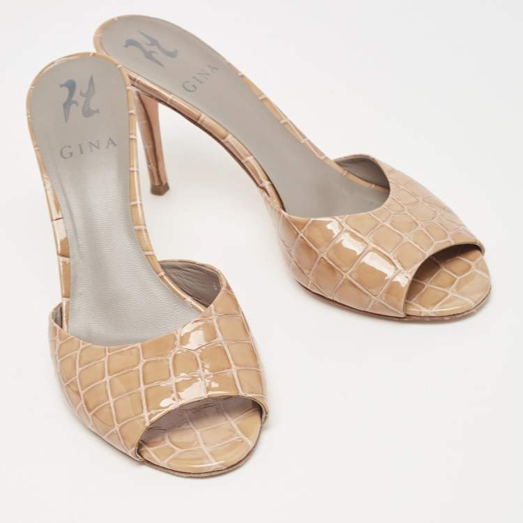 Pre Owned Gina Brown Croc Embossed Patent Leather Slide Sandals Size 39