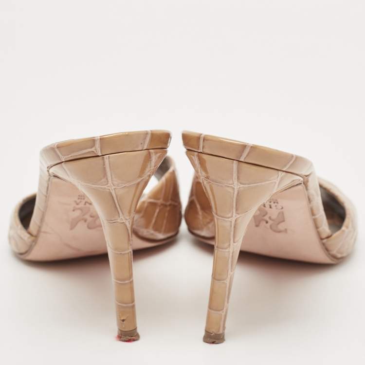 Pre Owned Gina Brown Croc Embossed Patent Leather Slide Sandals Size 39