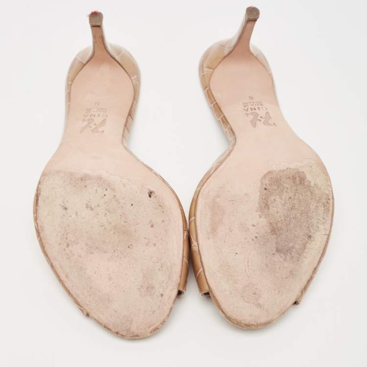 Pre Owned Gina Brown Croc Embossed Patent Leather Slide Sandals Size 39