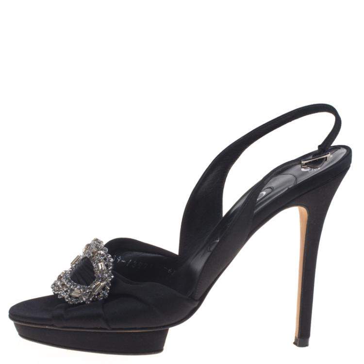 Pre Owned Gina Black Satin Brooch Embellished Slingback Sandals Size 39.5