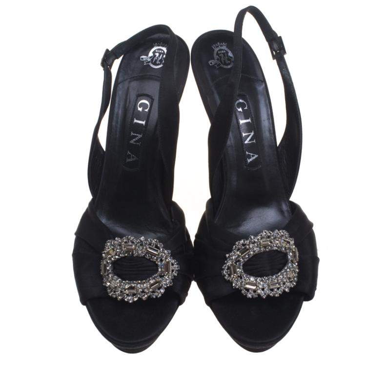 Pre Owned Gina Black Satin Brooch Embellished Slingback Sandals Size 39.5