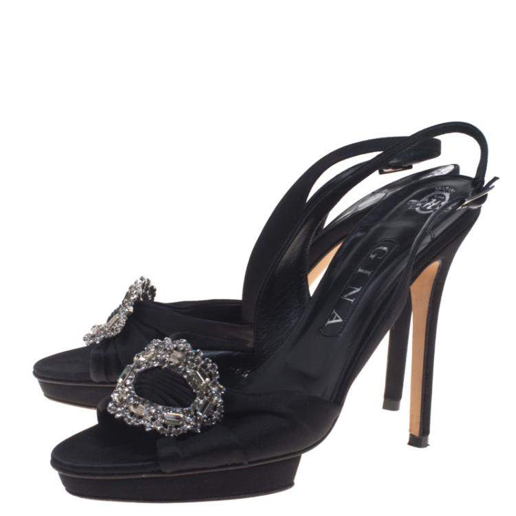 Pre Owned Gina Black Satin Brooch Embellished Slingback Sandals Size 39.5