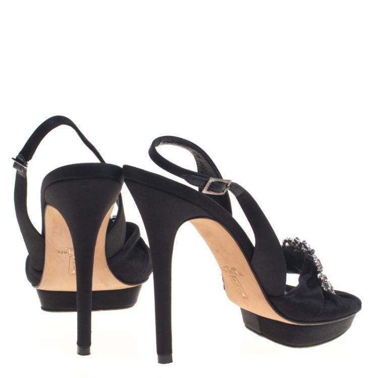 Pre Owned Gina Black Satin Brooch Embellished Slingback Sandals Size 39.5