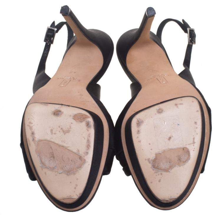Pre Owned Gina Black Satin Brooch Embellished Slingback Sandals Size 39.5