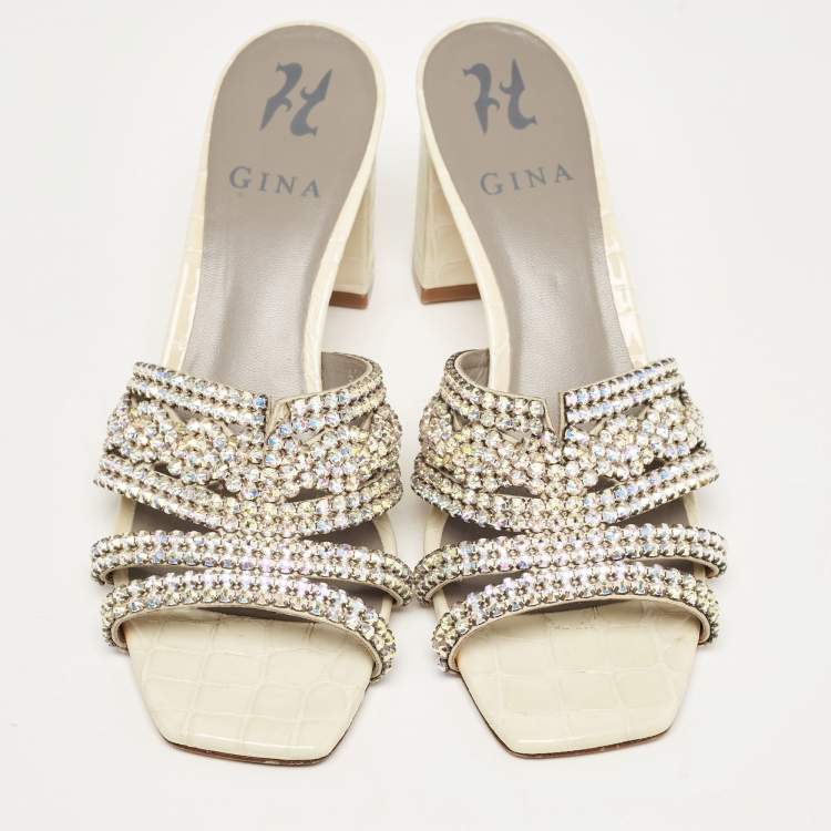 Pre Owned Gina Green Croc Embossed Crystal Embellished Slide Sandals Size 37.5