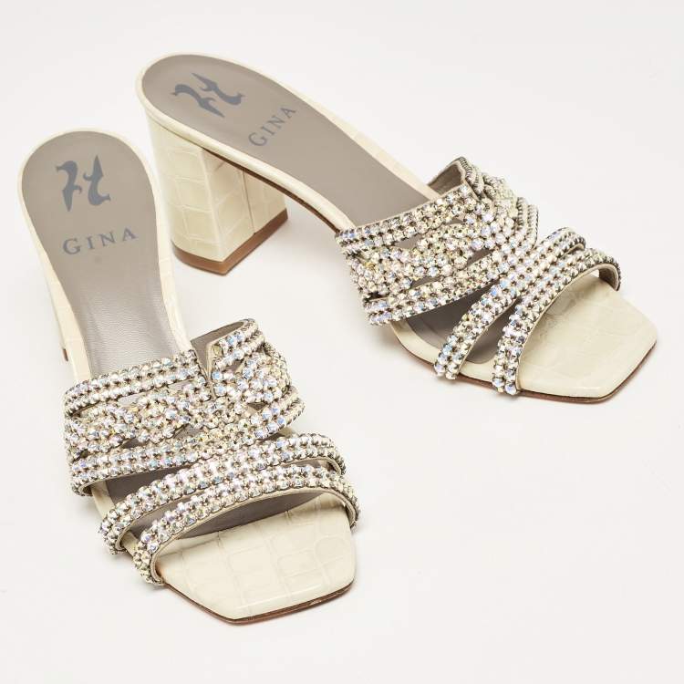 Pre Owned Gina Green Croc Embossed Crystal Embellished Slide Sandals Size 37.5