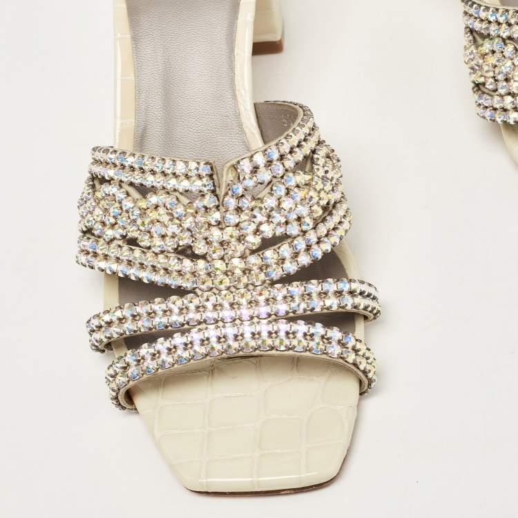 Pre Owned Gina Green Croc Embossed Crystal Embellished Slide Sandals Size 37.5