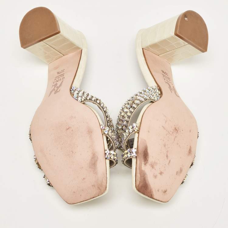 Pre Owned Gina Green Croc Embossed Crystal Embellished Slide Sandals Size 37.5