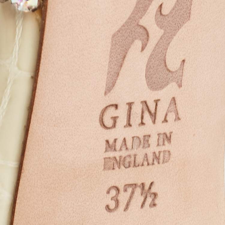 Pre Owned Gina Green Croc Embossed Crystal Embellished Slide Sandals Size 37.5