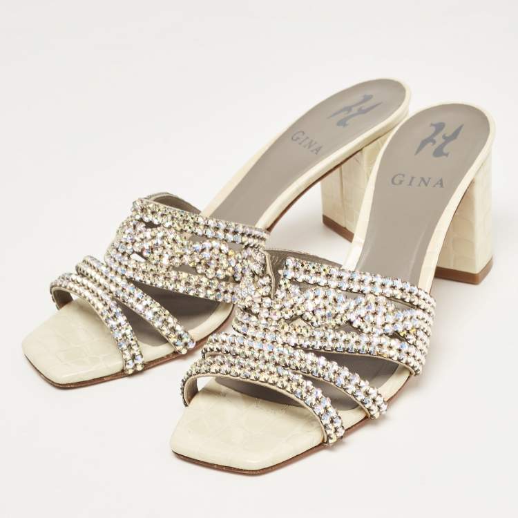 Pre Owned Gina Green Croc Embossed Crystal Embellished Slide Sandals Size 37.5