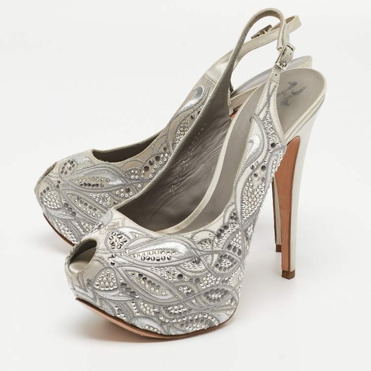 Pre Owned Gina Grey Satin Embellished Slingback Platform Sandals Size 39.5