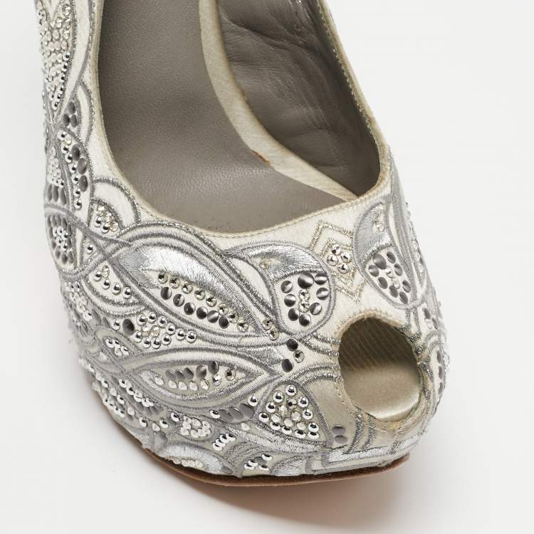 Pre Owned Gina Grey Satin Embellished Slingback Platform Sandals Size 39.5