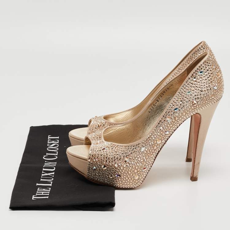 Pre Owned Gina Gold Crystal Embellished Satin Open Toe Platform Pumps Size 39