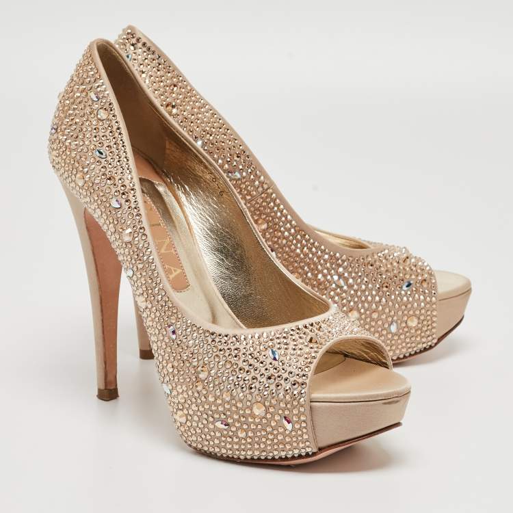 Pre Owned Gina Gold Crystal Embellished Satin Open Toe Platform Pumps Size 39