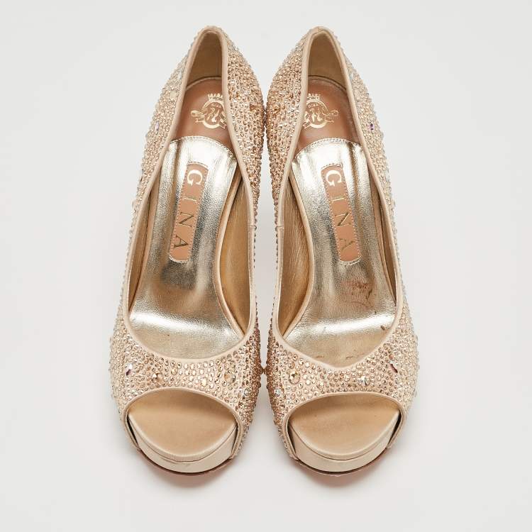 Pre Owned Gina Gold Crystal Embellished Satin Open Toe Platform Pumps Size 39
