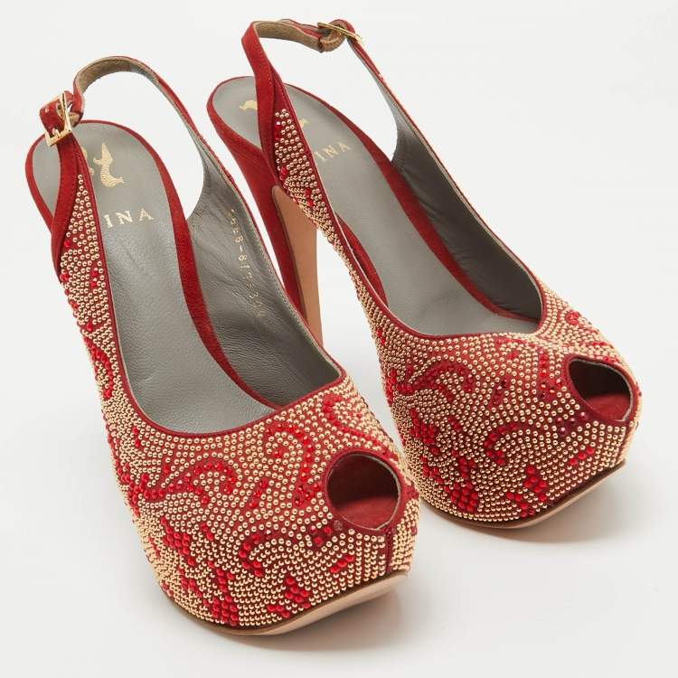 Pre Owned Gina Red Embellished Satin Peep Toe Platform Slingback Pumps Size 39