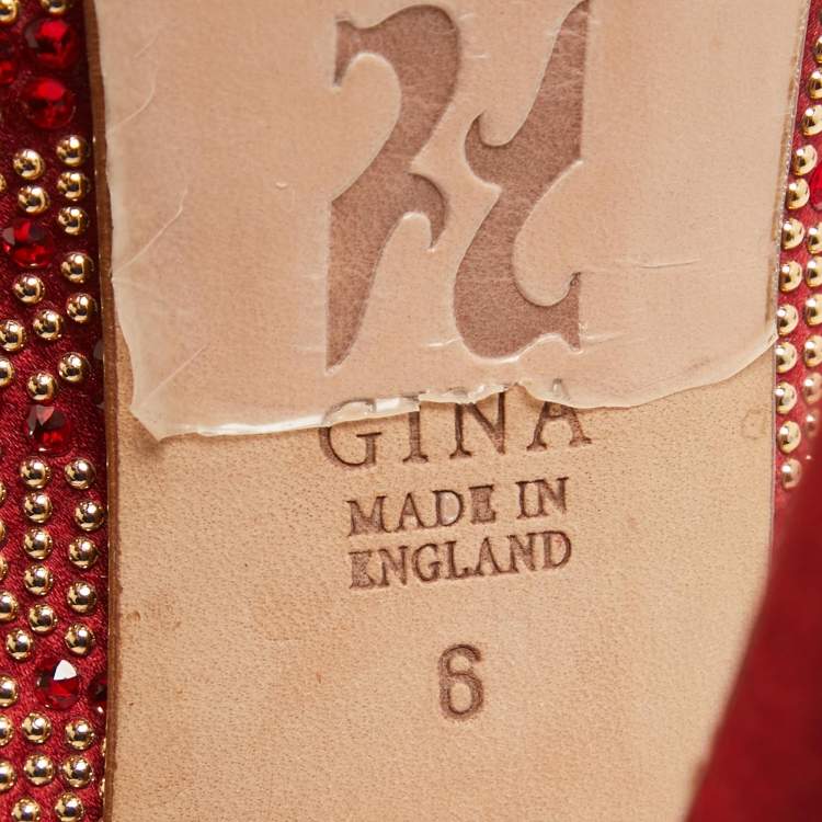 Pre Owned Gina Red Embellished Satin Peep Toe Platform Slingback Pumps Size 39
