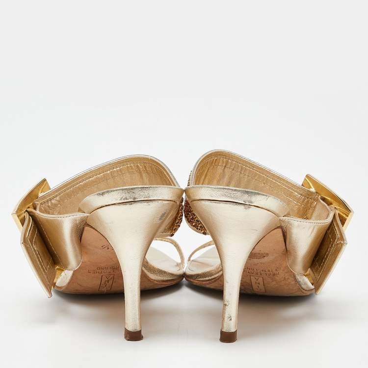 Pre Owned Gina Gold Crystal Embellished Leather Slide Sandals Size 37.5
