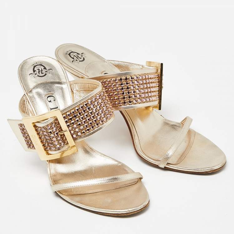 Pre Owned Gina Gold Crystal Embellished Leather Slide Sandals Size 37.5