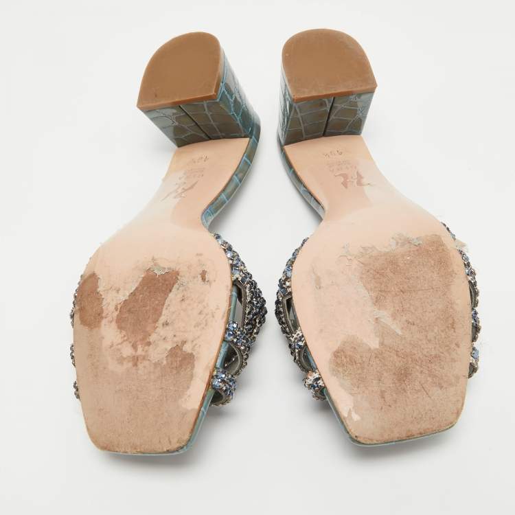 Pre Owned Gina Blue Crystal Embellished Leather Slide Sandals Size 40.5