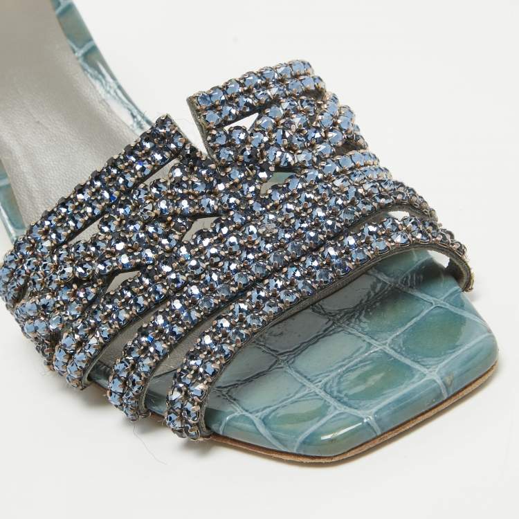 Pre Owned Gina Blue Crystal Embellished Leather Slide Sandals Size 40.5